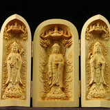 Foldable Three Buddha Statue Set – Boxwood Wood, Mini Portable Buddhist Decor