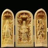 Foldable Three Buddha Statue Set – Boxwood Wood, Mini Portable Buddhist Decor