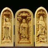 Foldable Three Buddha Statue Set – Boxwood Wood, Mini Portable Buddhist Decor