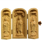 Foldable Three Buddha Statue Set – Boxwood Wood, Mini Portable Buddhist Decor