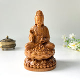 6" Wooden Guan Yin Bodhisattva Statue Sitting on Lotus– Kuan Yin Quan Yin Buddha for Feng Shui, Meditation, and Spiritual Decor