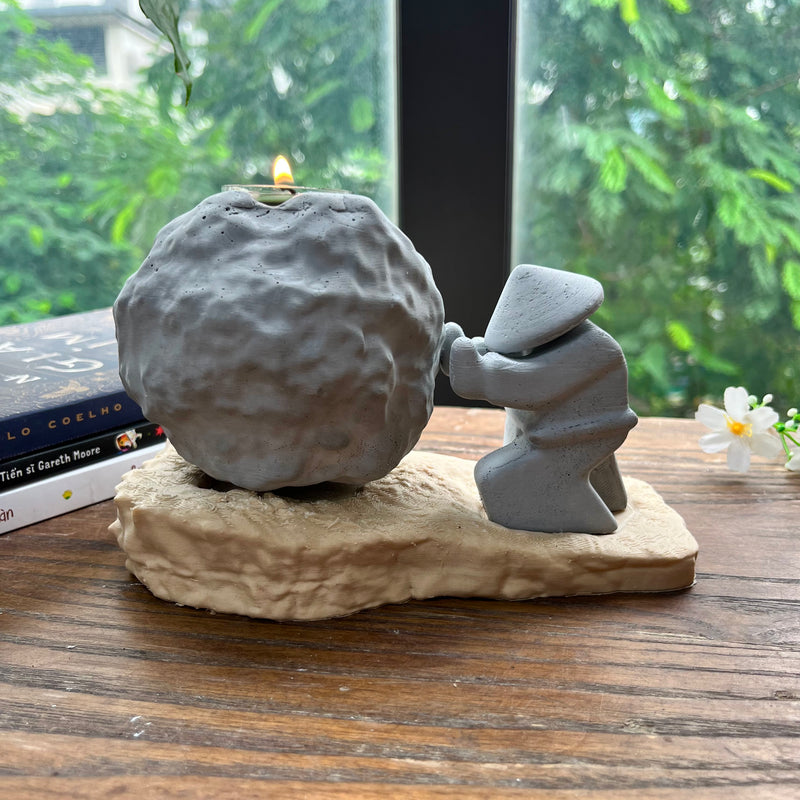 Rock-Shaped Candle Holder, Candle Holder with Man Pushing Rock, Sisyphus Inspired