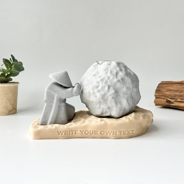 Rock-Shaped Candle Holder, Candle Holder with Man Pushing Rock, Custom Name Available