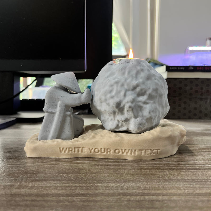 Rock-Shaped Candle Holder, Candle Holder with Man Pushing Rock, Custom Name Available