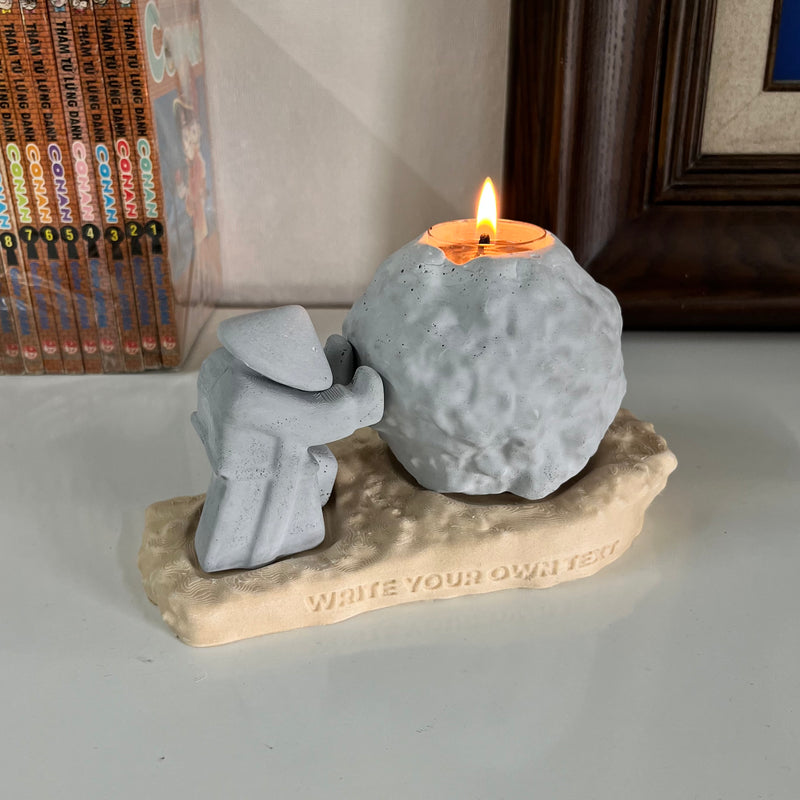 Rock-Shaped Candle Holder, Candle Holder with Man Pushing Rock, Custom Name Available