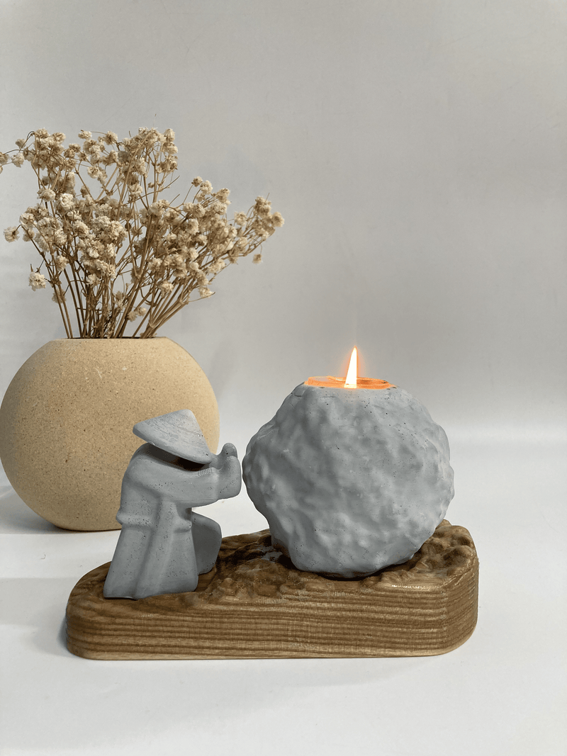Cement Candle Holder Set with Natural Wooden Tray