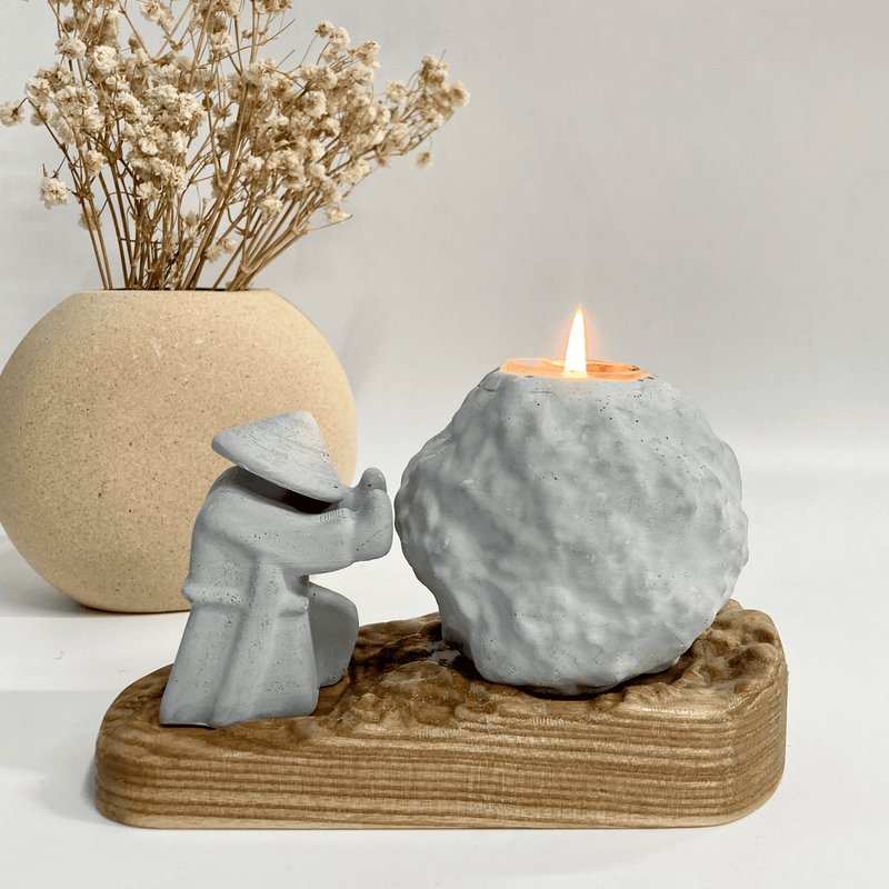 Cement Candle Holder Set with Natural Wooden Tray