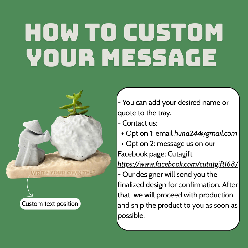 Rock-Shaped Plant Pot, Plant Pot with Man Pushing Rock, Custom Name Available