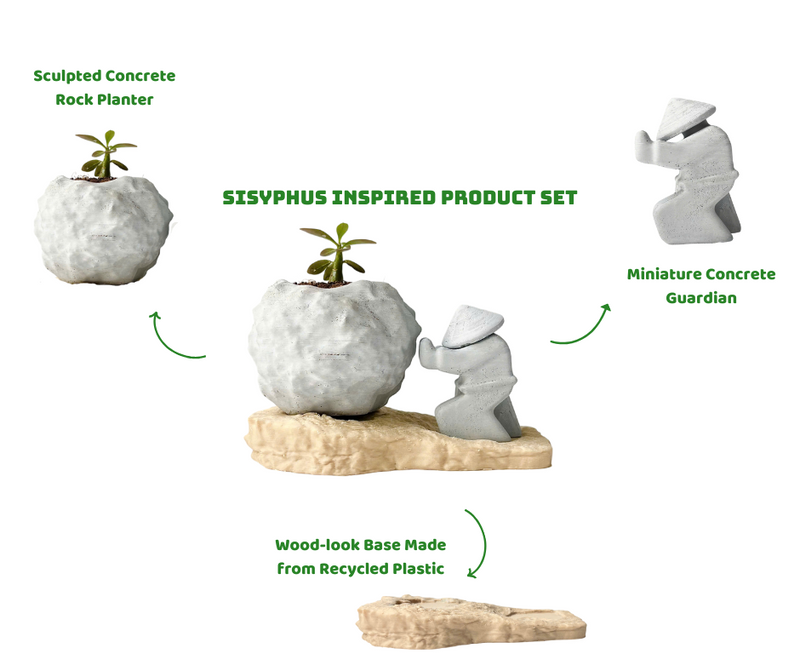 Rock-Shaped Plant Pot, Plant Pot with Man Pushing Rock, Sisyphus Inspired