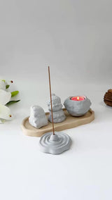 Set of “Peace” Monk Statues (Concrete), Round Incense Holder