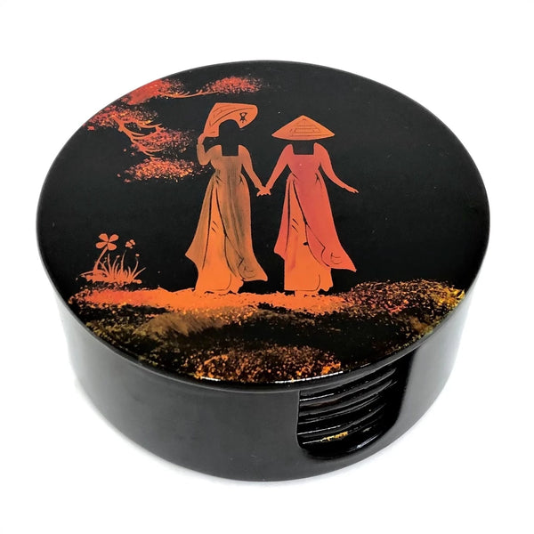 Set of 6 Traditional Vietnamese Lacquered Round Coasters