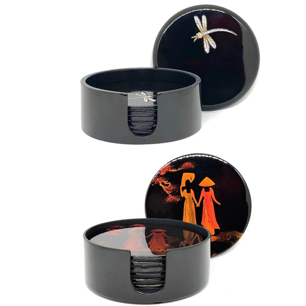 Set of 6 Traditional Vietnamese Lacquered Round Coasters