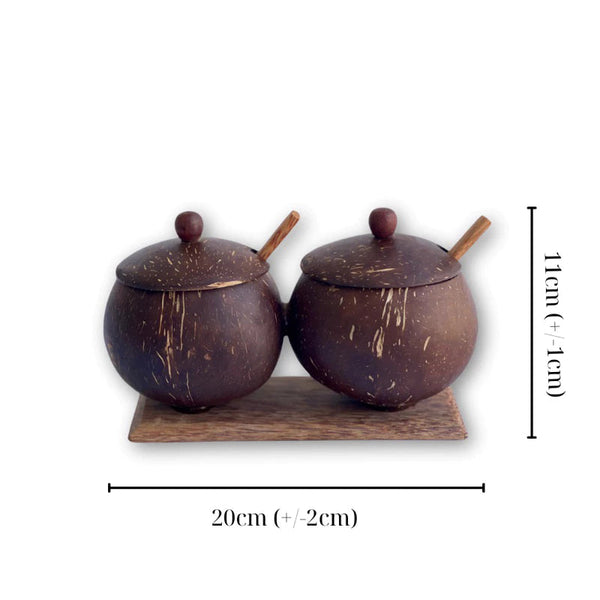 Spice jar with spoon made from coconut shell