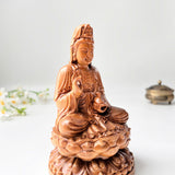 6" Wooden Guan Yin Bodhisattva Statue Sitting on Lotus– Kuan Yin Quan Yin Buddha for Feng Shui, Meditation, and Spiritual Decor