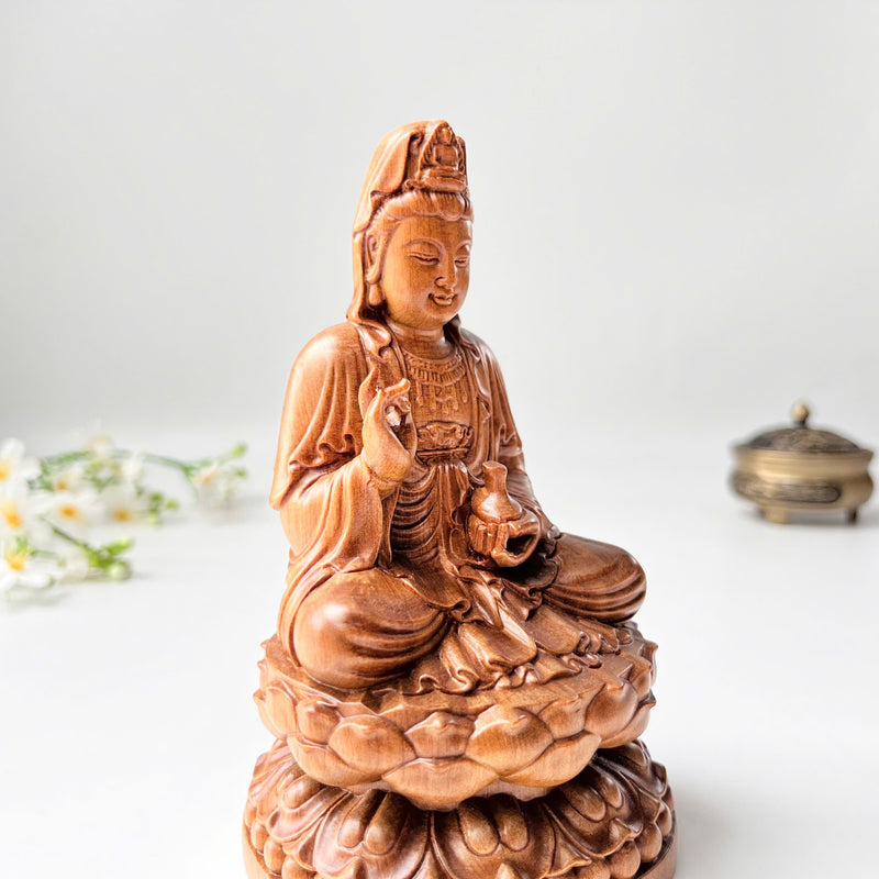 6" Wooden Guan Yin Bodhisattva Statue Sitting on Lotus– Kuan Yin Quan Yin Buddha for Feng Shui, Meditation, and Spiritual Decor