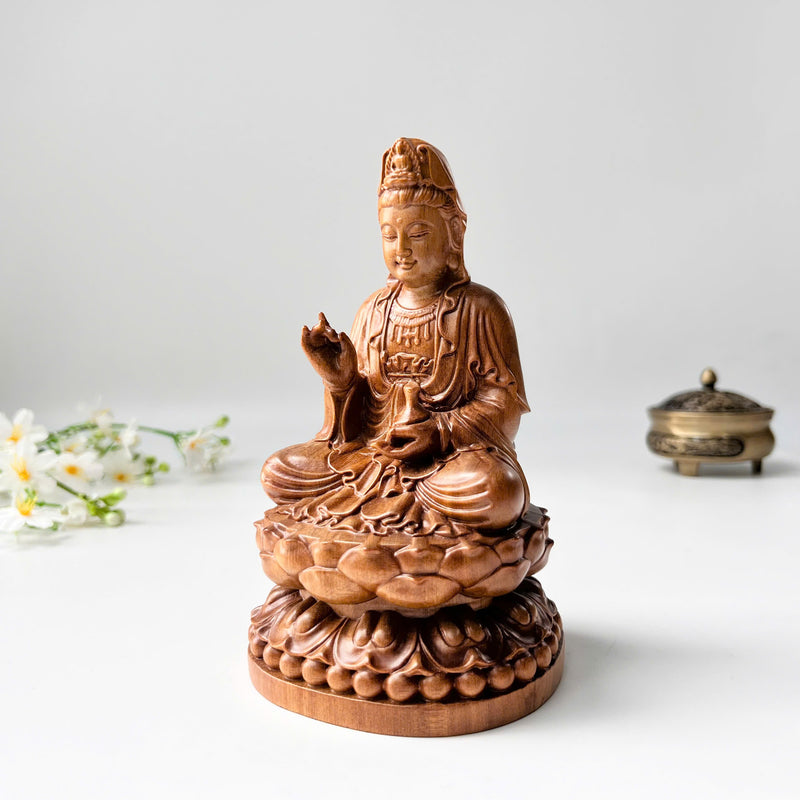 6" Wooden Guan Yin Bodhisattva Statue Sitting on Lotus– Kuan Yin Quan Yin Buddha for Feng Shui, Meditation, and Spiritual Decor