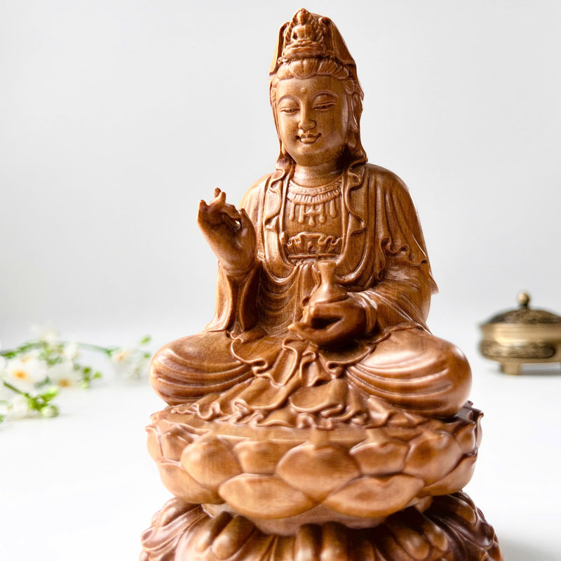 6" Wooden Guan Yin Bodhisattva Statue Sitting on Lotus– Kuan Yin Quan Yin Buddha for Feng Shui, Meditation, and Spiritual Decor