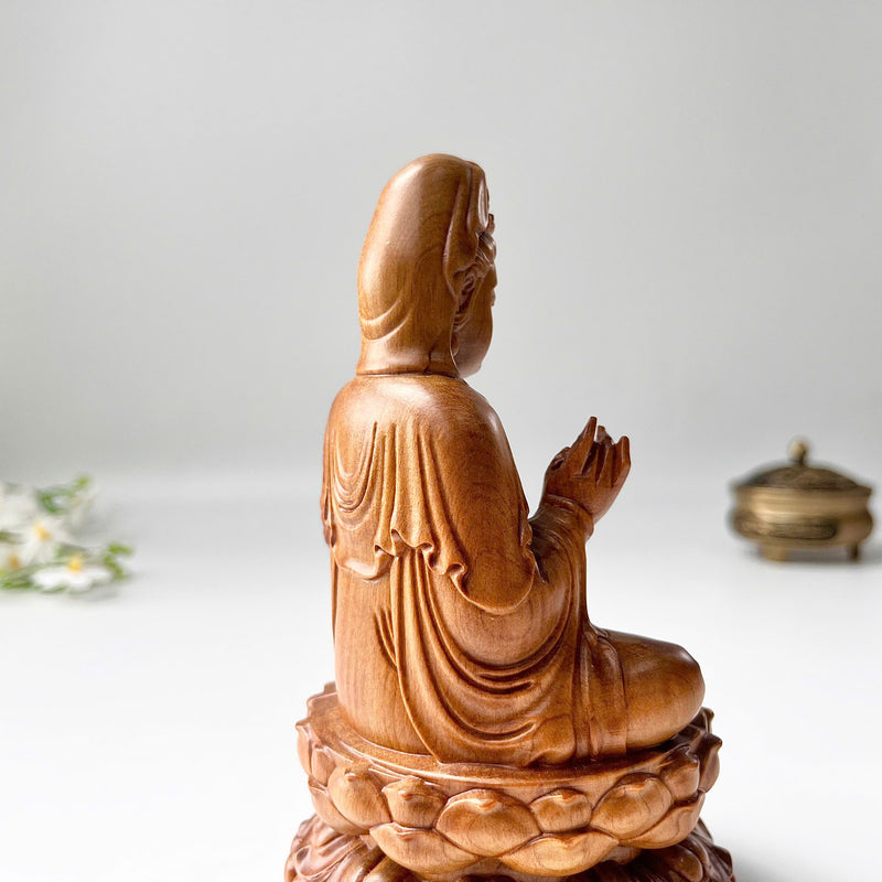 6" Wooden Guan Yin Bodhisattva Statue Sitting on Lotus– Kuan Yin Quan Yin Buddha for Feng Shui, Meditation, and Spiritual Decor