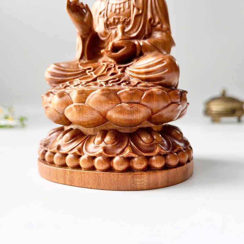 6" Wooden Guan Yin Bodhisattva Statue Sitting on Lotus– Kuan Yin Quan Yin Buddha for Feng Shui, Meditation, and Spiritual Decor