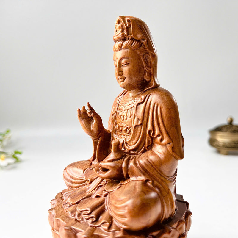 6" Wooden Guan Yin Bodhisattva Statue Sitting on Lotus– Kuan Yin Quan Yin Buddha for Feng Shui, Meditation, and Spiritual Decor