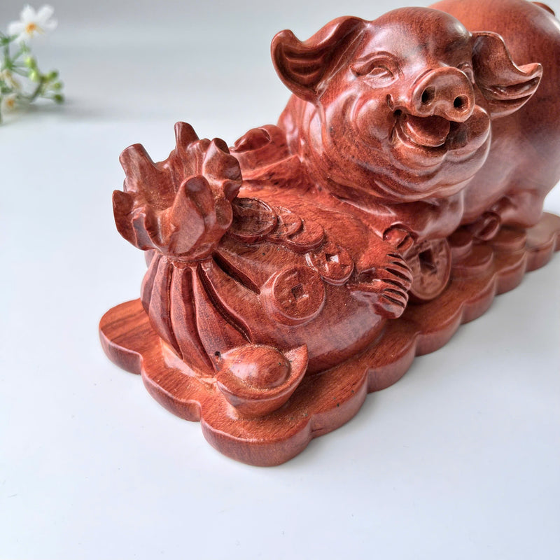 Natural Wood Pig Figurine, Feng Shui Animal Decor, Decorative Symbol of Good Luck
