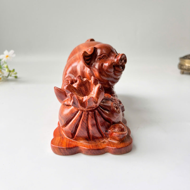 Natural Wood Pig Figurine, Feng Shui Animal Decor, Decorative Symbol of Good Luck