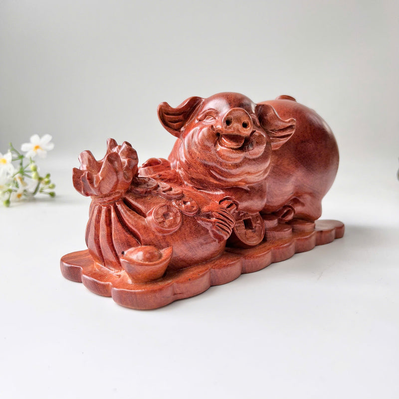 Natural Wood Pig Figurine, Feng Shui Animal Decor, Decorative Symbol of Good Luck