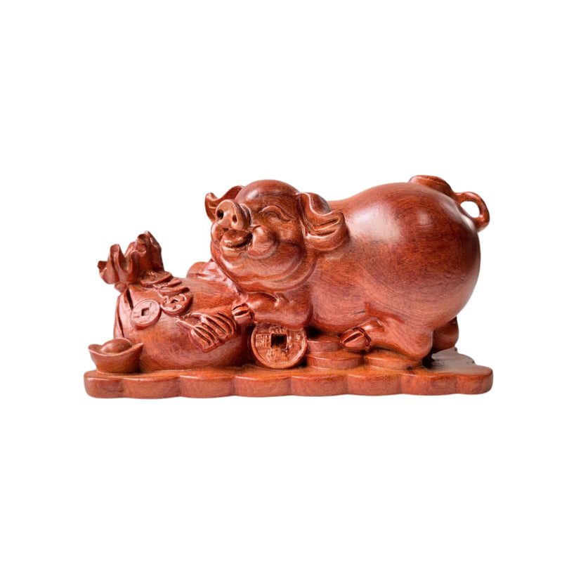 Natural Wood Pig Figurine, Feng Shui Animal Decor, Decorative Symbol of Good Luck