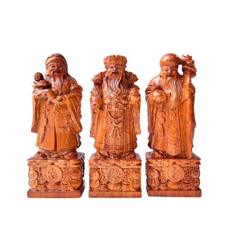 Wood Carved Fu Lu Shou Trio – Fortune, Wealth, and Longevity – Ideal for Home Display or Gifting