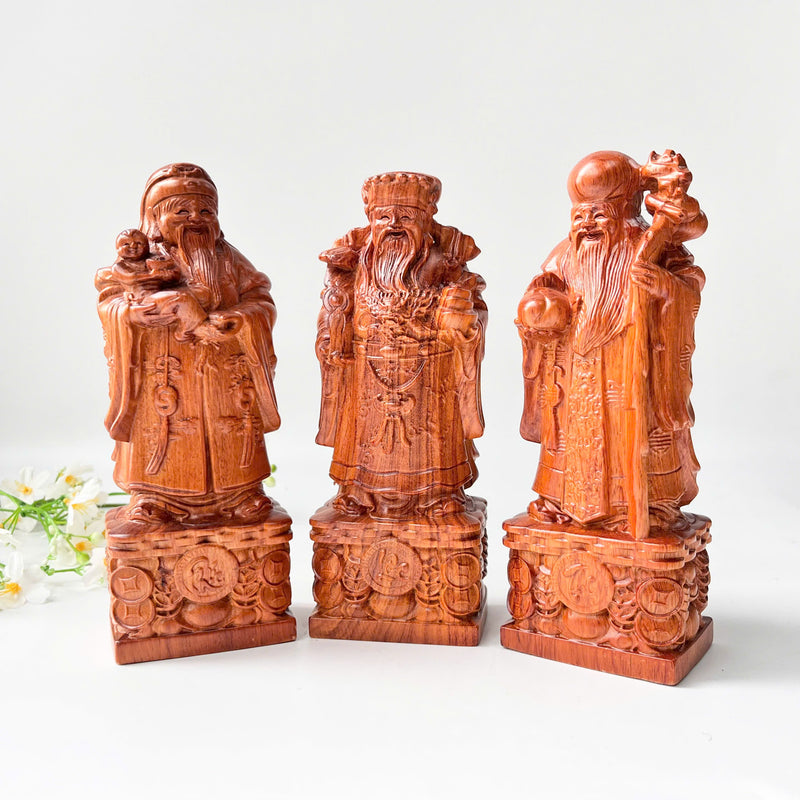 Wood Carved Fu Lu Shou Trio – Fortune, Wealth, and Longevity – Ideal for Home Display or Gifting