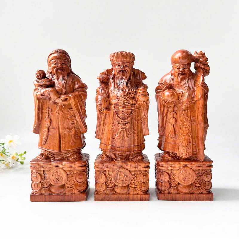 Wood Carved Fu Lu Shou Trio – Fortune, Wealth, and Longevity – Ideal for Home Display or Gifting