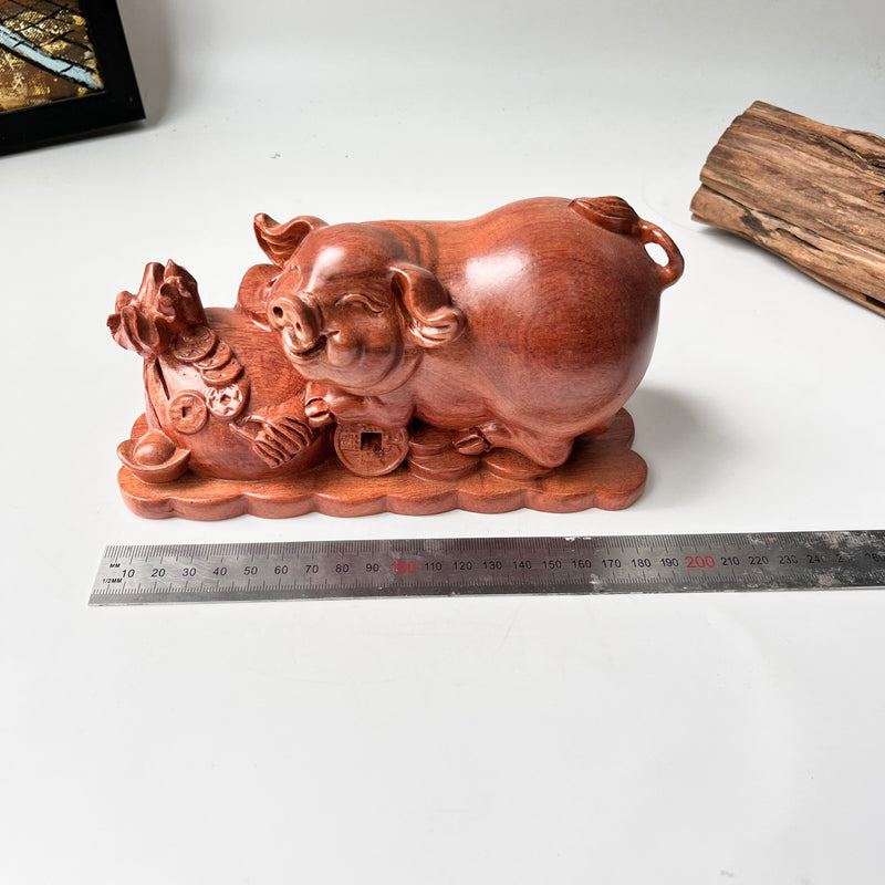 Natural Wood Pig Figurine, Feng Shui Animal Decor, Decorative Symbol of Good Luck