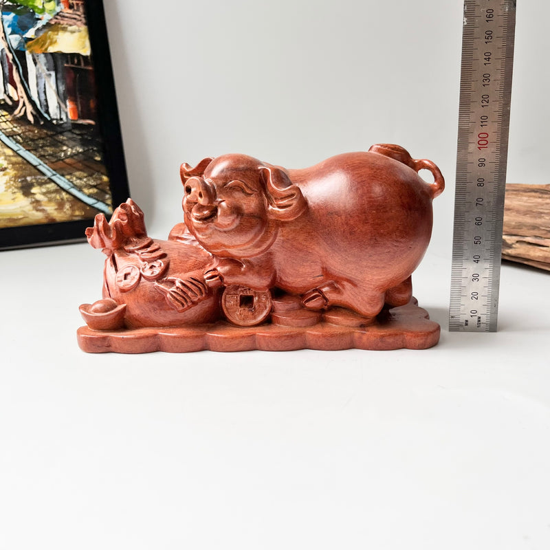 Natural Wood Pig Figurine, Feng Shui Animal Decor, Decorative Symbol of Good Luck
