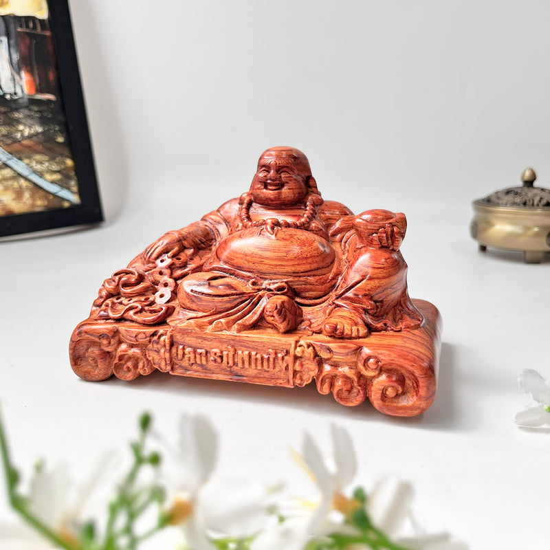 Laughing Maitreya Buddha Statue “All Wishes Fulfilled” – Green Cypress & Sandalwood – For Car Dashboard and Office Desk Decor