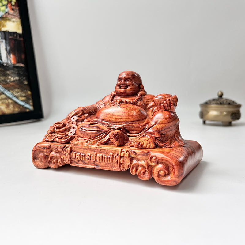 Laughing Maitreya Buddha Statue “All Wishes Fulfilled” – Green Cypress & Sandalwood – For Car Dashboard and Office Desk Decor