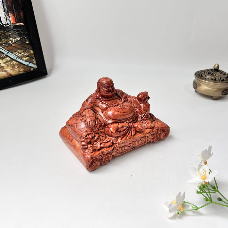 Laughing Maitreya Buddha Statue “All Wishes Fulfilled” – Green Cypress & Sandalwood – For Car Dashboard and Office Desk Decor