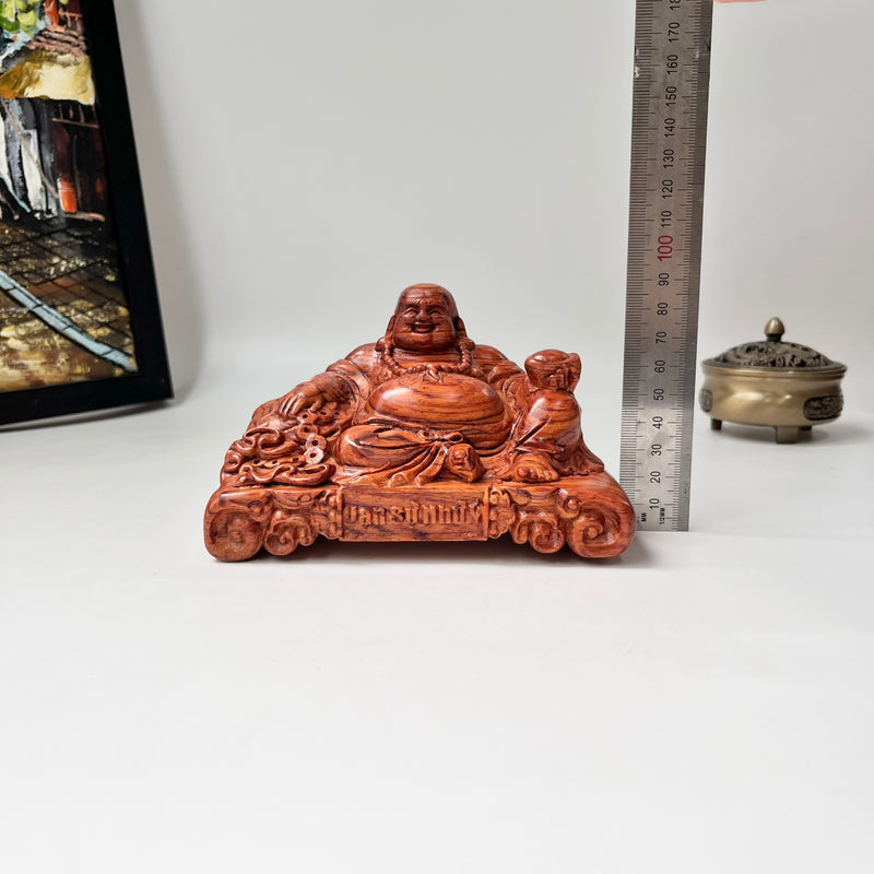 Laughing Maitreya Buddha Statue “All Wishes Fulfilled” – Green Cypress & Sandalwood – For Car Dashboard and Office Desk Decor