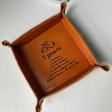 Engraved Leather Tray – Snap Corners – Compact & Unique (3 Year Anniversary)