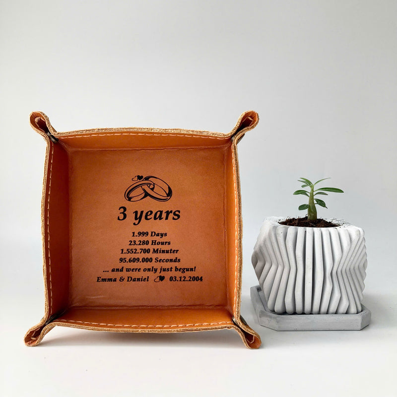 Engraved Leather Tray – Snap Corners – Compact & Unique (3 Year Anniversary)