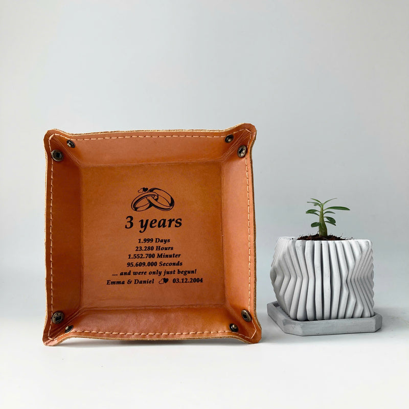 Engraved Leather Tray – Snap Corners – Compact & Unique (3 Year Anniversary)