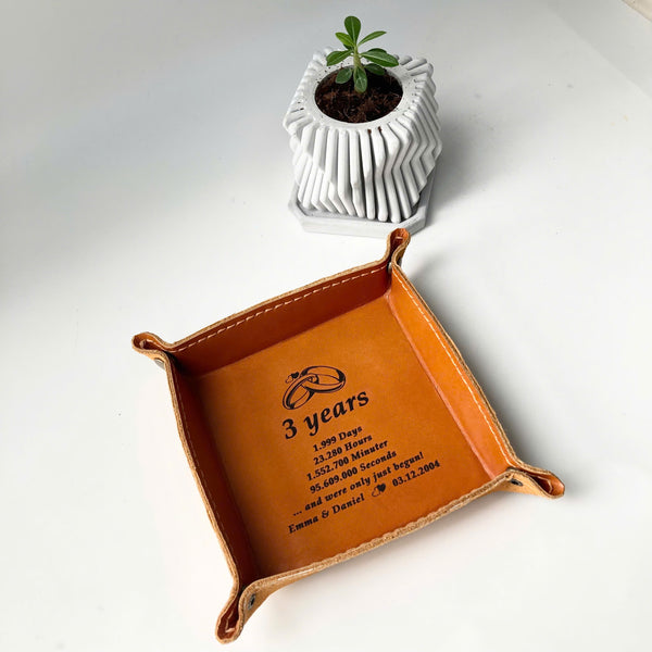 Engraved Leather Tray – Snap Corners – Compact & Unique (3 Year Anniversary)