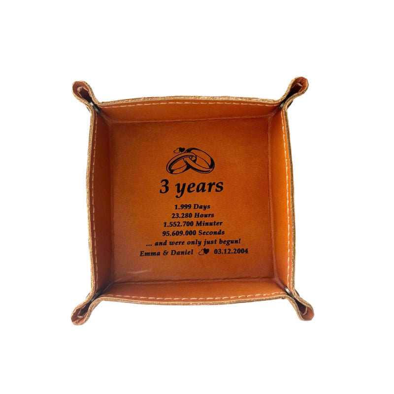 Engraved Leather Tray – Snap Corners – Compact & Unique (3 Year Anniversary)