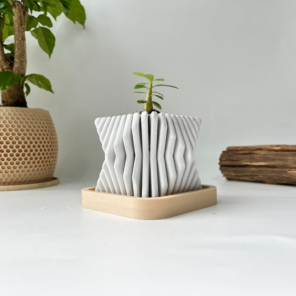Square-Twisted Plant Pot – Indoor/Outdoor Decor – Durable Material - Wood-Plastic Tray
