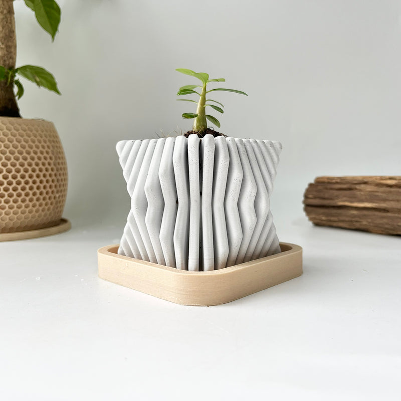 Square-Twisted Plant Pot – Indoor/Outdoor Decor – Durable Material - Wood-Plastic Tray
