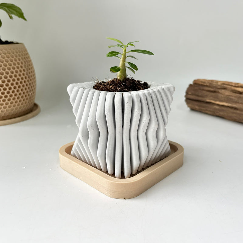 Square-Twisted Plant Pot – Indoor/Outdoor Decor – Durable Material - Wood-Plastic Tray