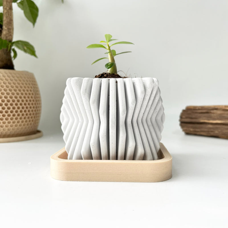 Square-Twisted Plant Pot – Indoor/Outdoor Decor – Durable Material - Wood-Plastic Tray