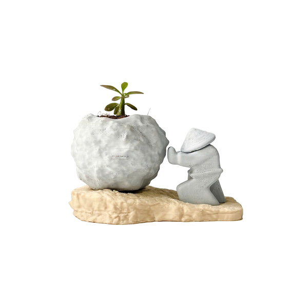 Rock-Shaped Plant Pot, Plant Pot with Man Pushing Rock, Sisyphus Inspired