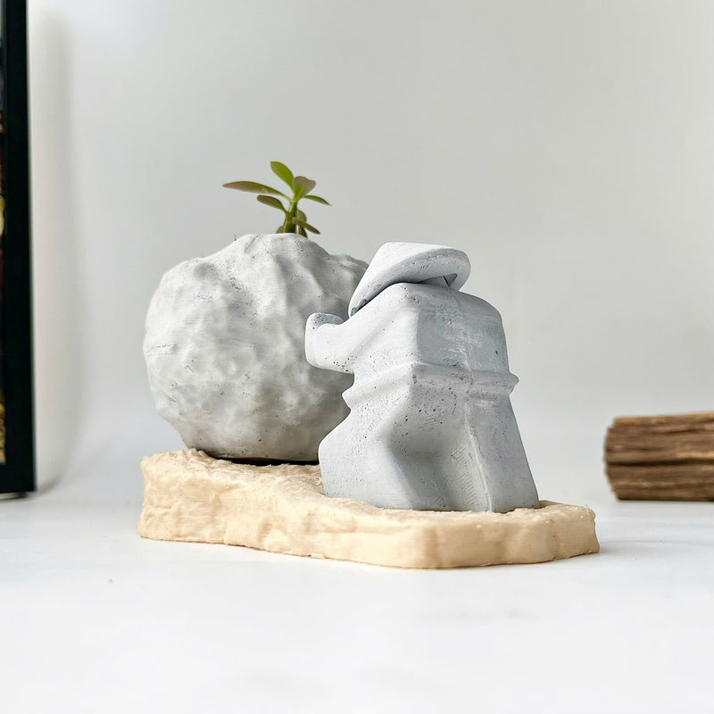 Rock-Shaped Plant Pot, Plant Pot with Man Pushing Rock, Sisyphus Inspired