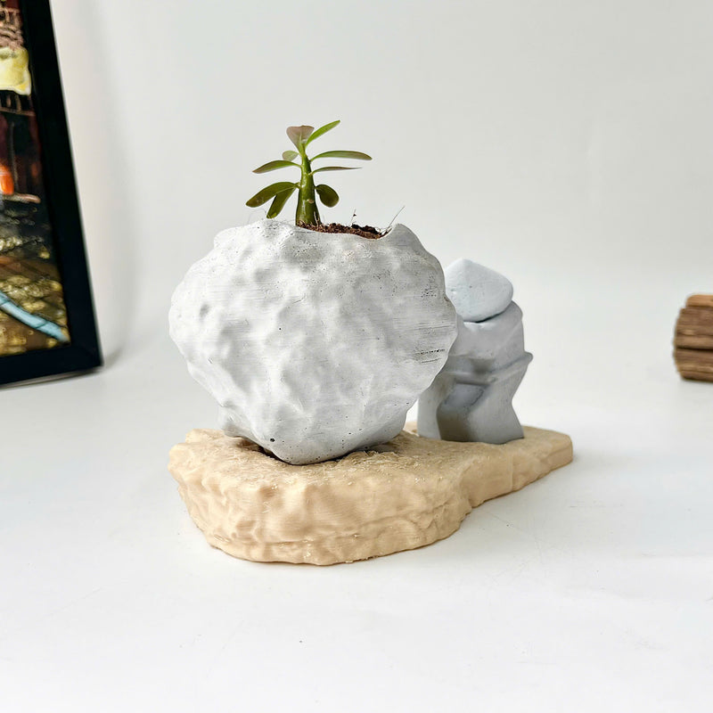 Rock-Shaped Plant Pot, Plant Pot with Man Pushing Rock, Sisyphus Inspired