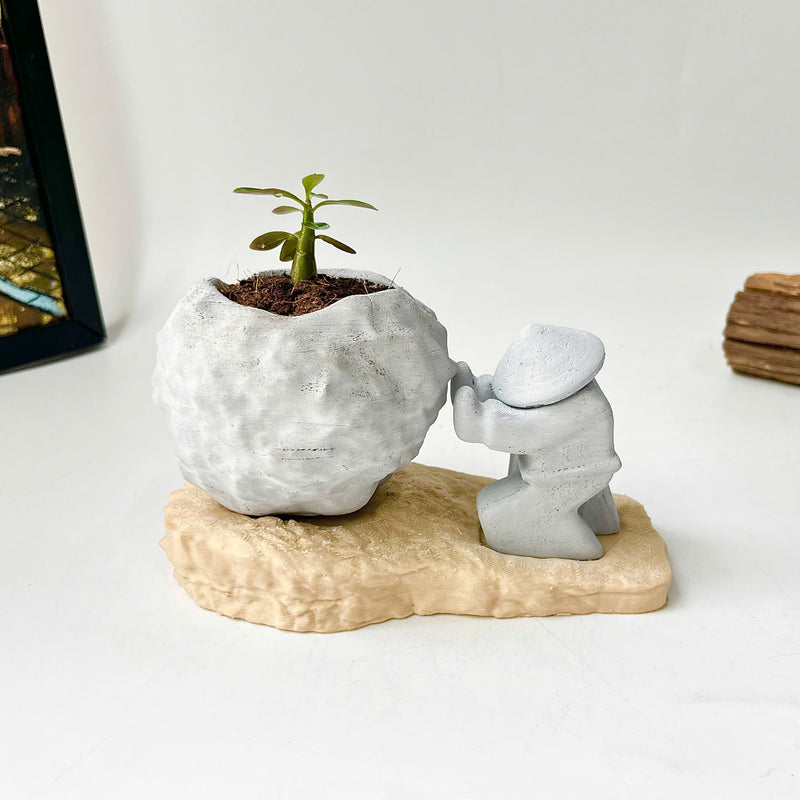 Rock-Shaped Plant Pot, Plant Pot with Man Pushing Rock, Sisyphus Inspired